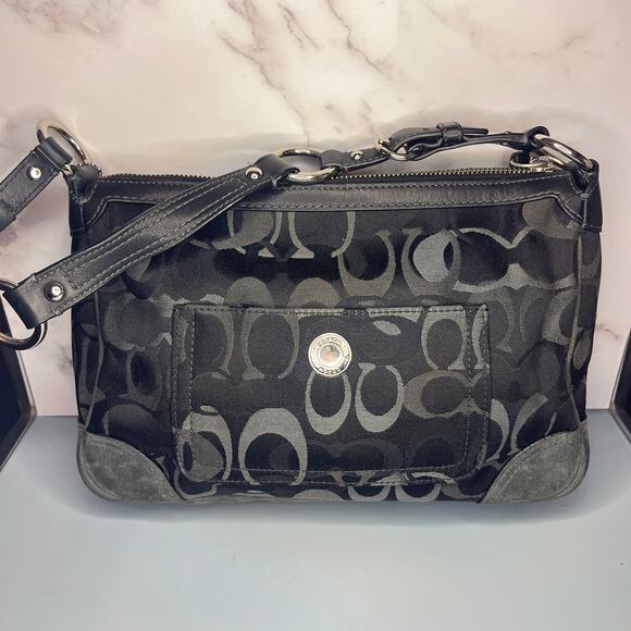 Coach Black & Gray Signature Shoulder Bag - Leather Strap - Silver Hardware - Picture 1 of 15